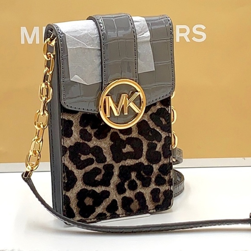 Michael Kors Carmen Leopard Print Logo Small Phone Case Xbody Bag HairCalf Grey